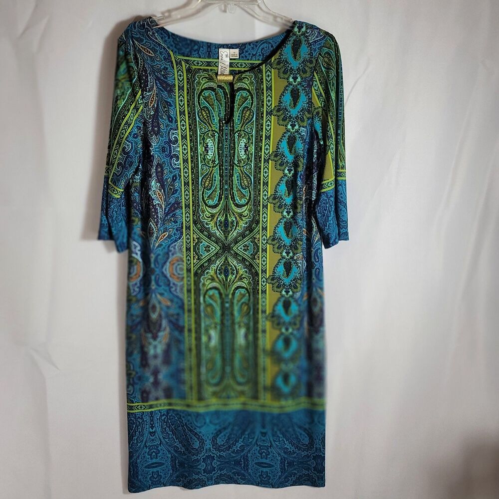 Emma & Michele Womens Shift Dress Blue Green Paisley Gold Metal, Keyhole Size 10